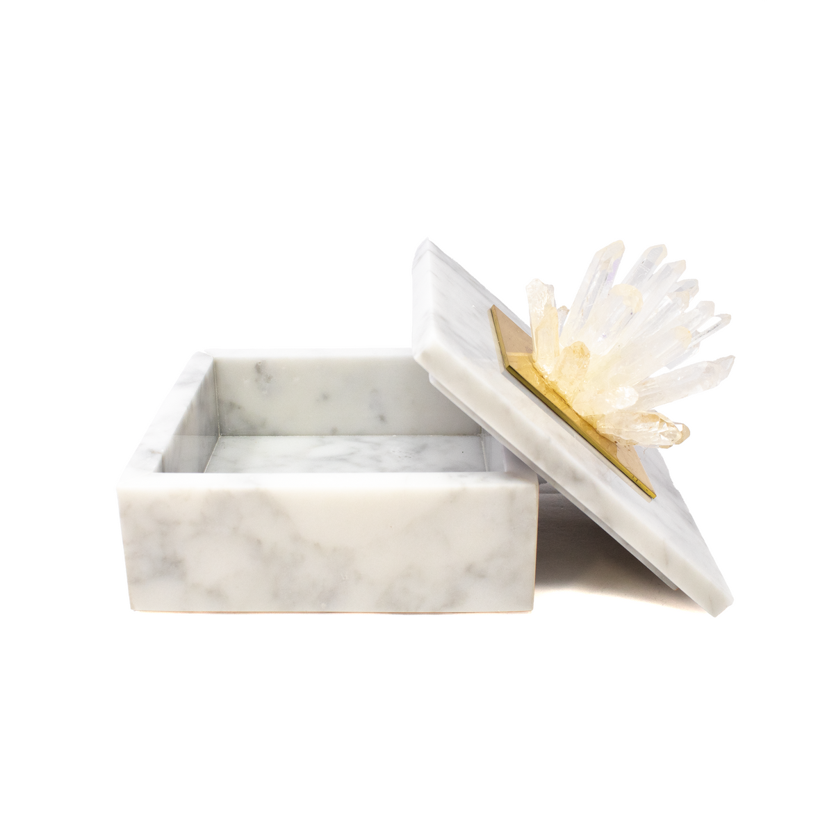 White Marble Jewelry Box with Clear Quartz Crystal Cluster