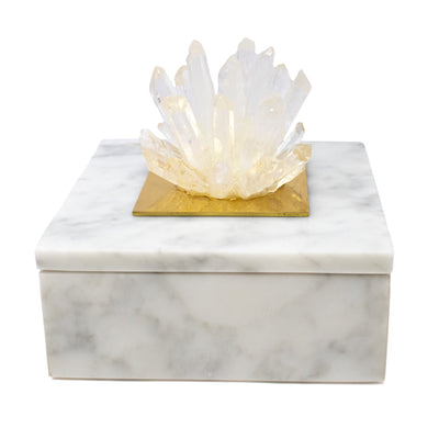 White Marble Jewelry Box with Clear Quartz Crystal Cluster