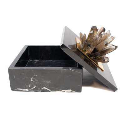 Black Marble Jewelry Box with Smoky Quartz Crystal Cluster