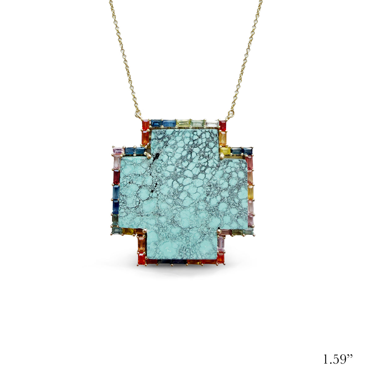 14k Rainbow Sapphire Baguette Turquoise Cross Necklace