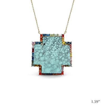 14k Rainbow Sapphire Baguette Turquoise Cross Necklace