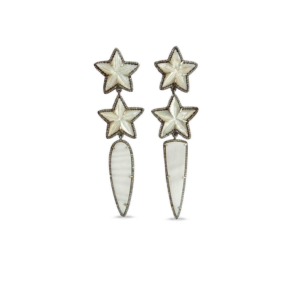 Mother of Pearl Carved Star and Shield Drop Earrings