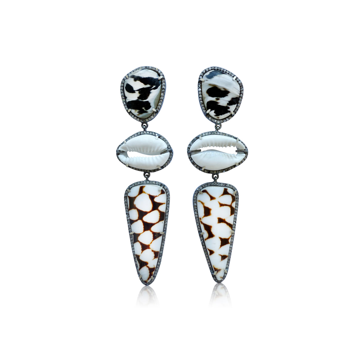 Multi Shell + Cowrie Triple Drop Earrings 1