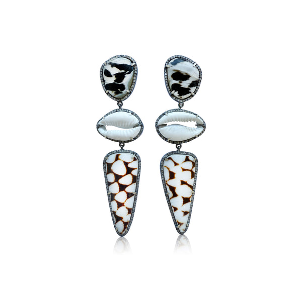 Multi Shell + Cowrie Triple Drop Earrings 1