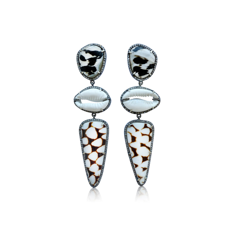 Multi Shell + Cowrie Triple Drop Earrings 1