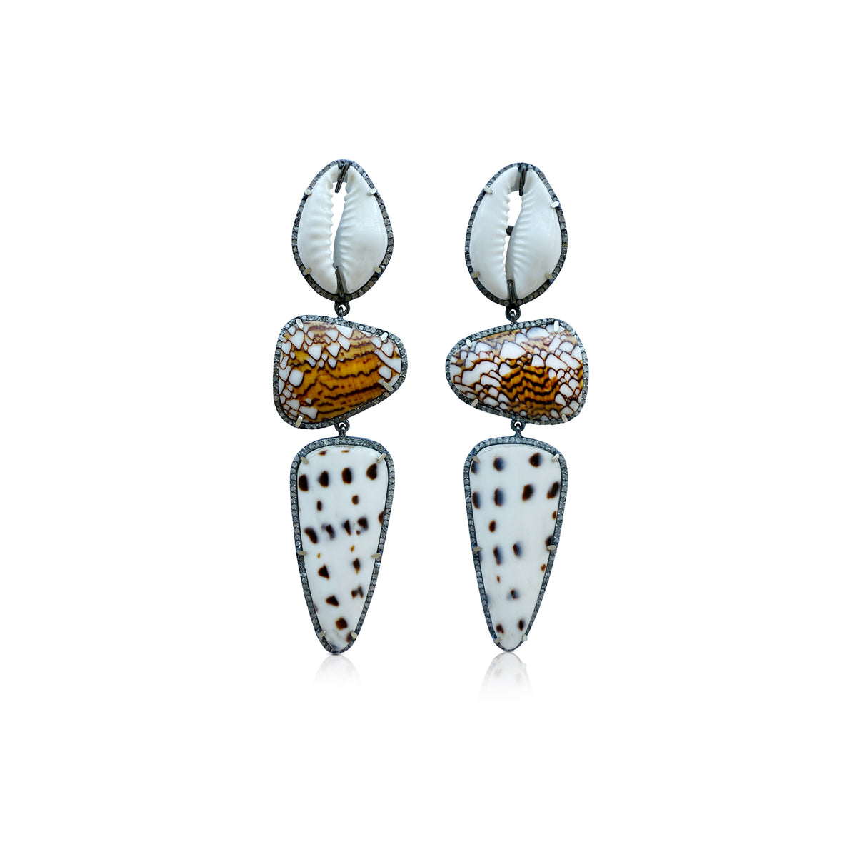 Multi Shell + Cowrie Triple Drop Earrings 2
