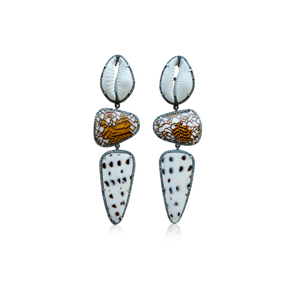 Multi Shell + Cowrie Triple Drop Earrings 2