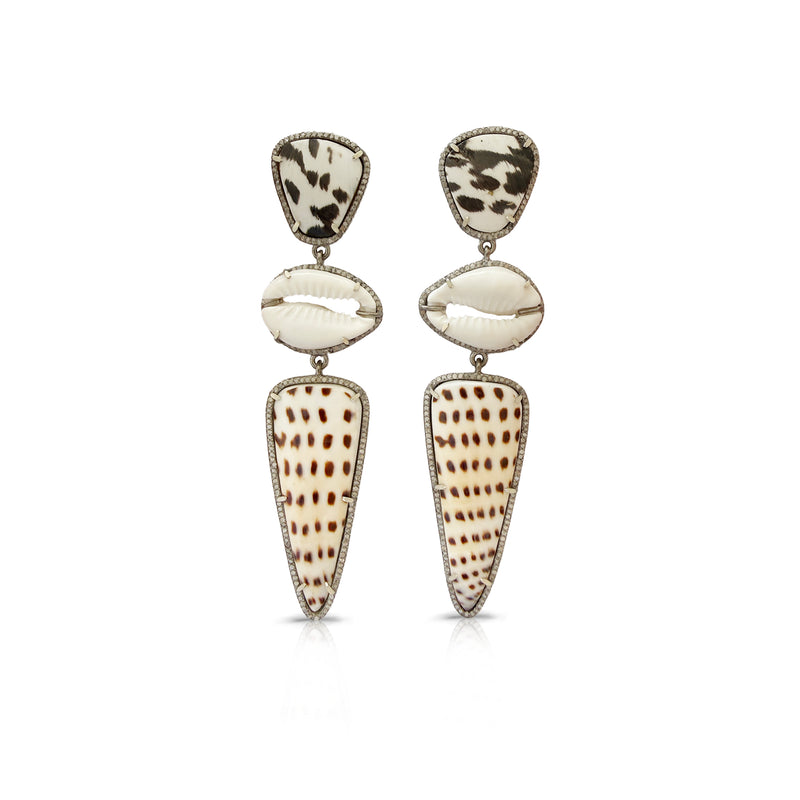 Spiney Oyster Shell + Cowrie Triple Drop Earrings