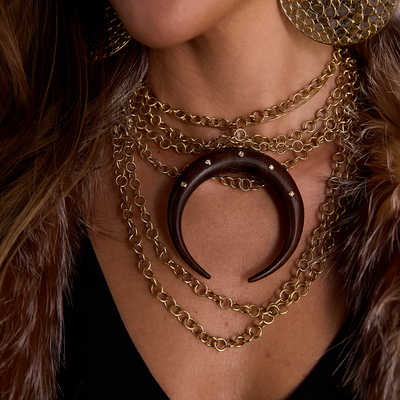 Wood Double Tusk Pendant with Bezel Set Diamonds