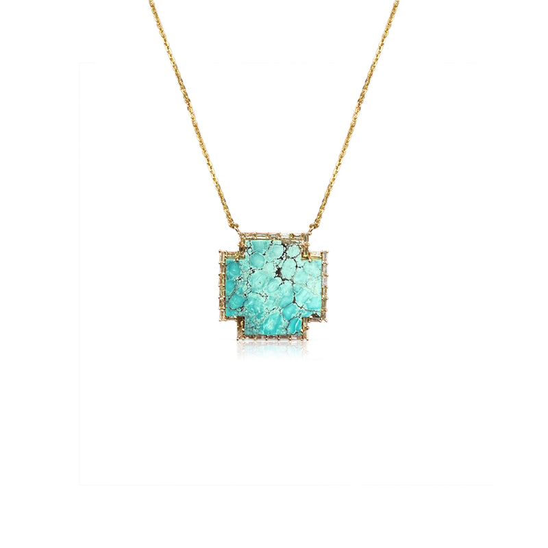 14k Small Turquoise Cross Baguette Necklace