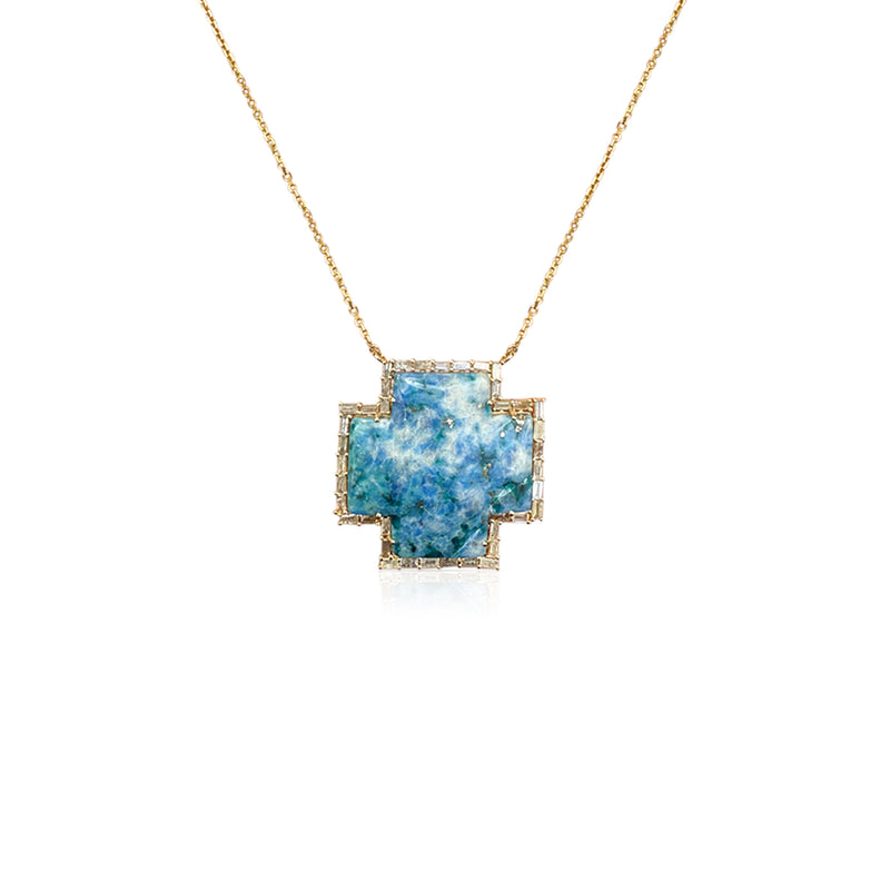 14k Baguette Diamond Denim Lapis Cross Necklace
