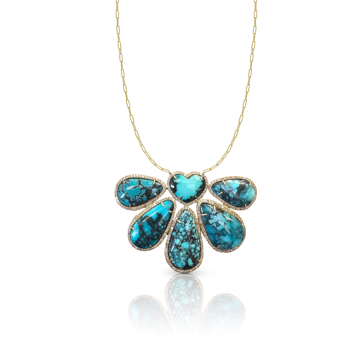 14k Large Turquoise Free Form and Heart Necklace
