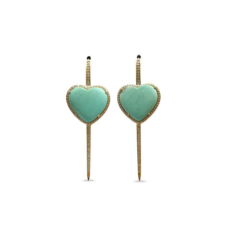 14k Turquoise + Pave Heart Drop Earrings