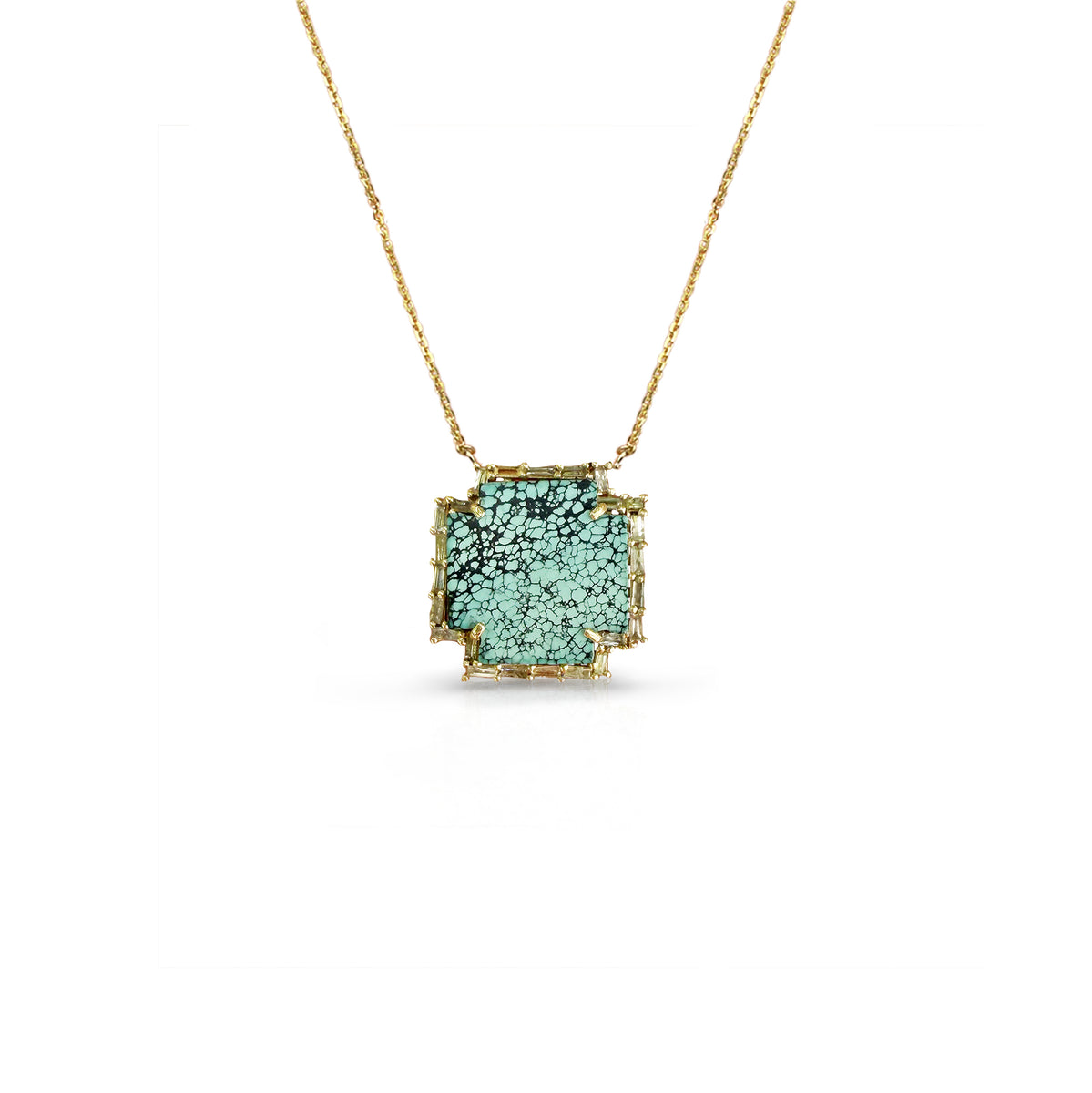 14k Mini Turquoise and Baguette Cross Necklace