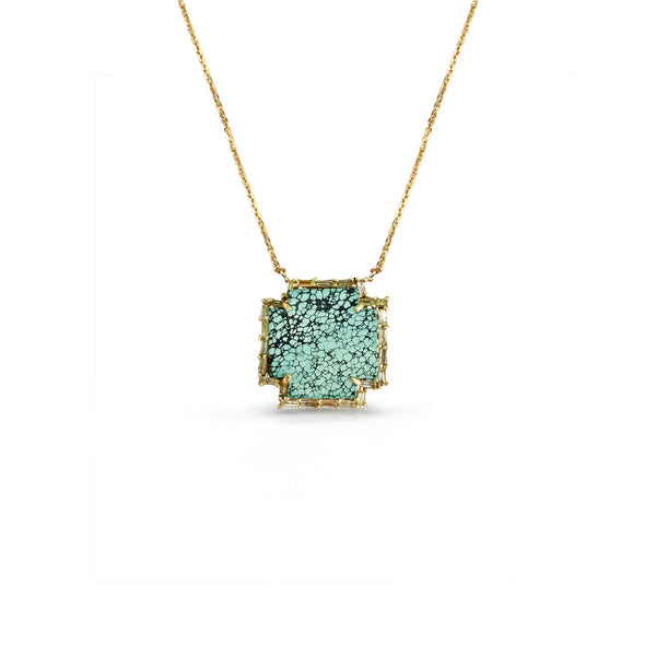 14k Mini Turquoise and Baguette Cross Necklace