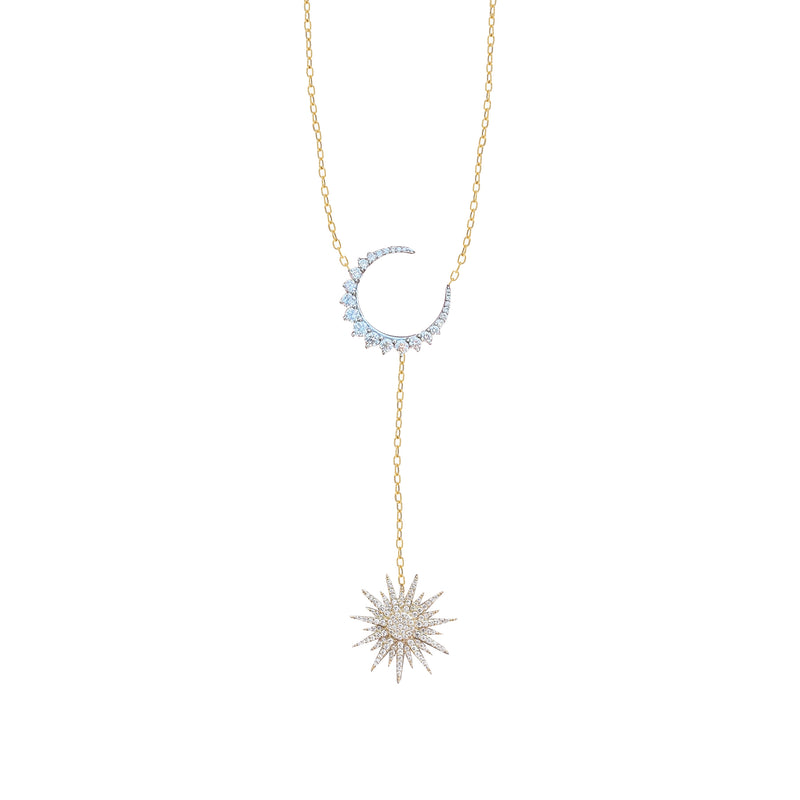 14k Gold and Diamond Star and Moon Lariat Necklace