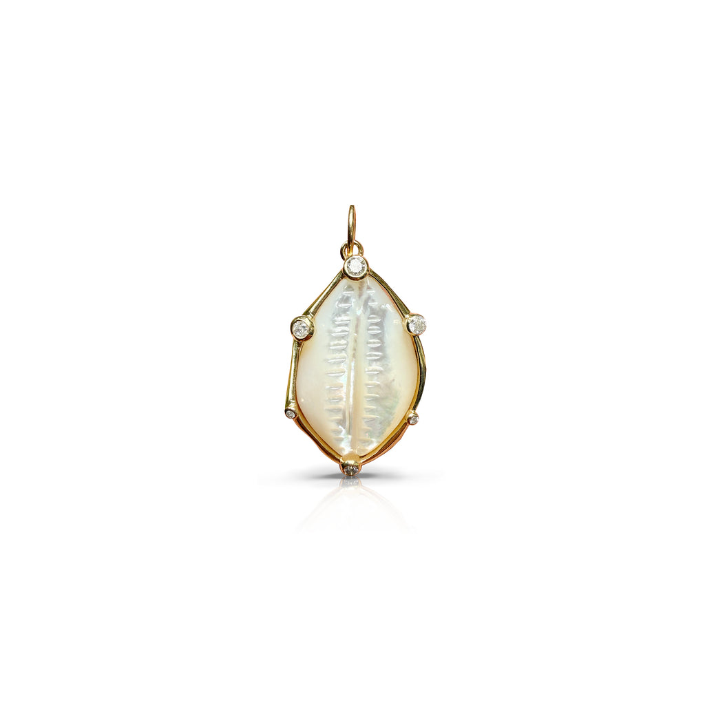 14k Carved Mother of Pearl Cowrie Shell Pendant