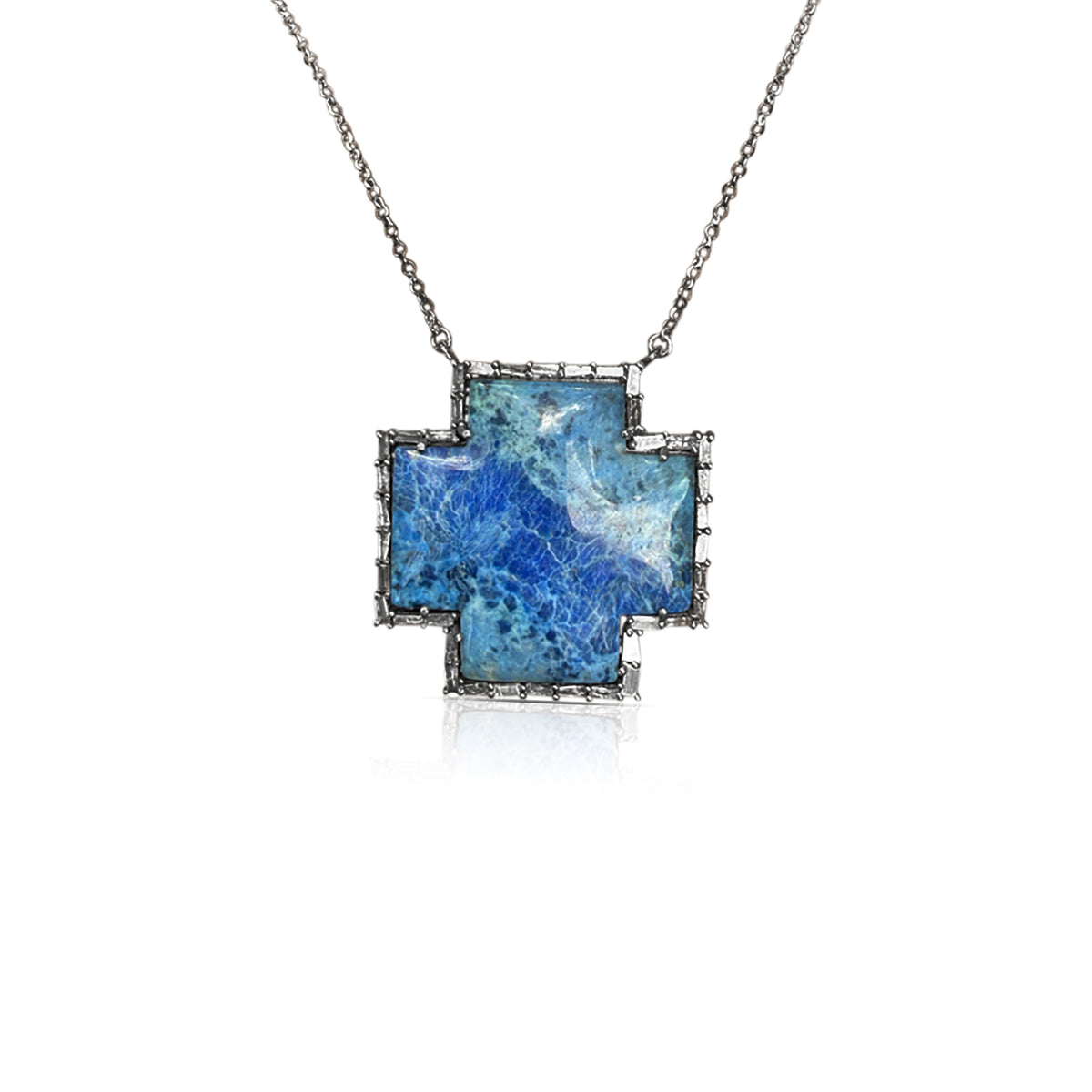 Silver Baguette Diamond Denim Lapis Cross Necklace