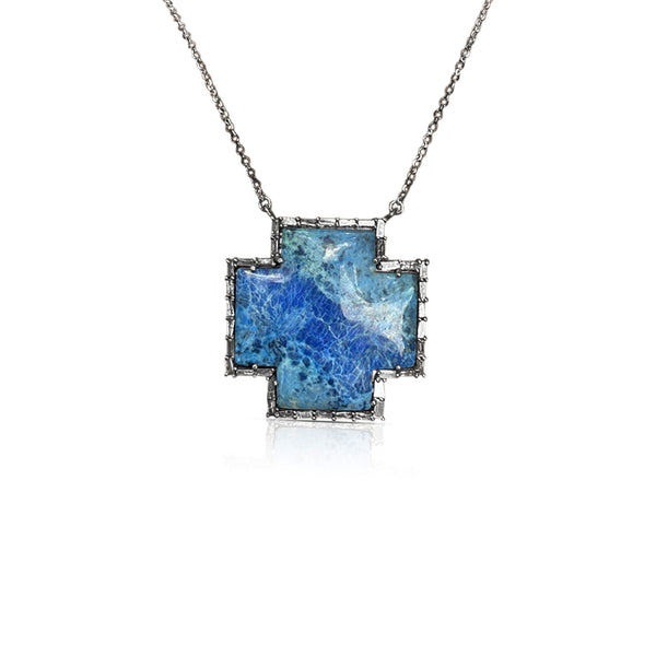 Silver Baguette Diamond Denim Lapis Cross Necklace