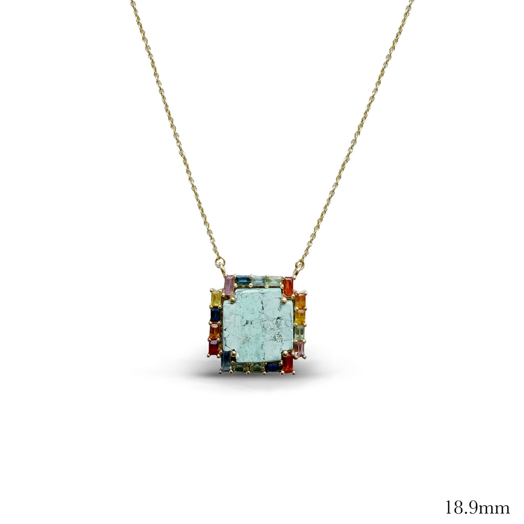 14k Rainbow Sapphire Baguette Turquoise Cross Necklace