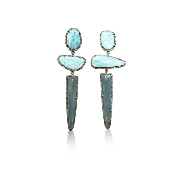 Larimar and Argentina Lemurian Aquatine Triple Drop Earrings