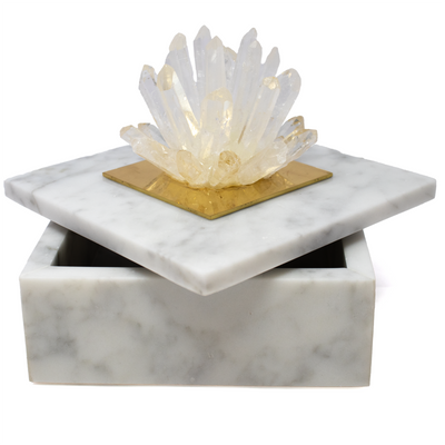 White Marble Jewelry Box with Clear Quartz Crystal Cluster