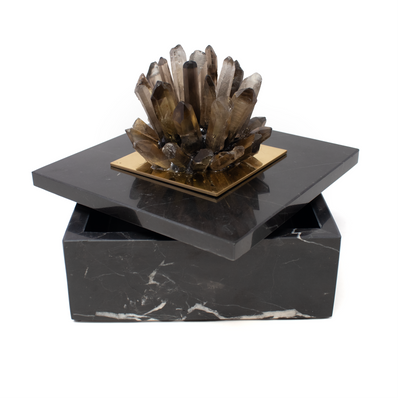 Black Marble Jewelry Box with Smoky Quartz Crystal Cluster