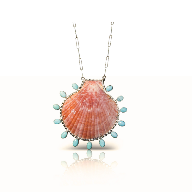 14k Orange Scallop and Turquoise Shell Pendant