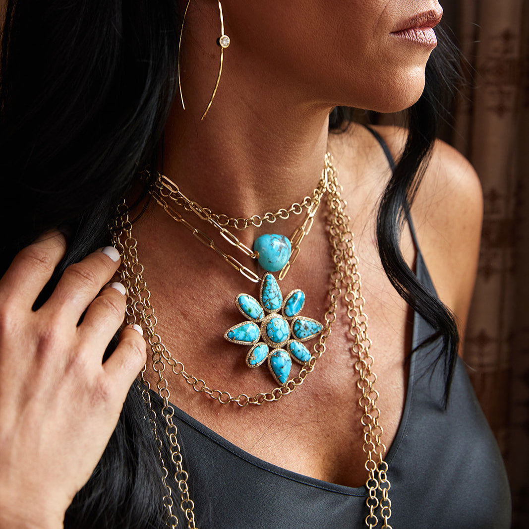 14k Gold Kingman Turquoise Flower Necklace