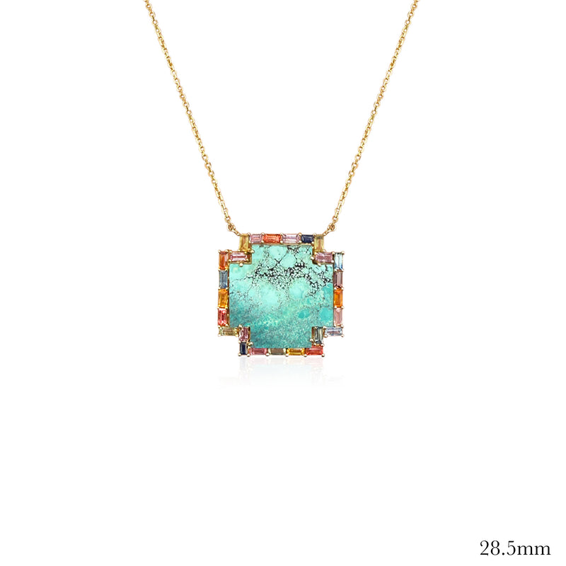 14k Rainbow Sapphire Baguette Turquoise Cross Necklace