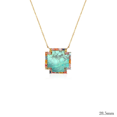 14k Rainbow Sapphire Baguette Turquoise Cross Necklace