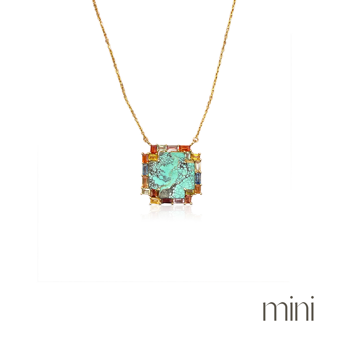 14k Rainbow Sapphire Baguette Turquoise Cross Necklace