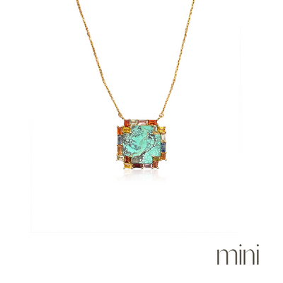 14k Rainbow Sapphire Baguette Turquoise Cross Necklace