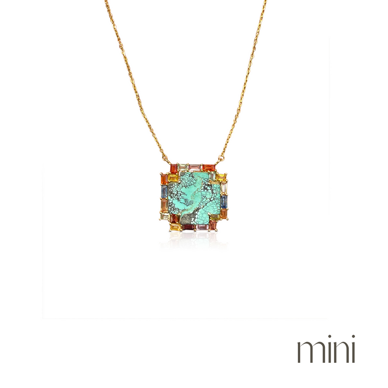 14k Rainbow Sapphire Baguette Turquoise Cross Necklace