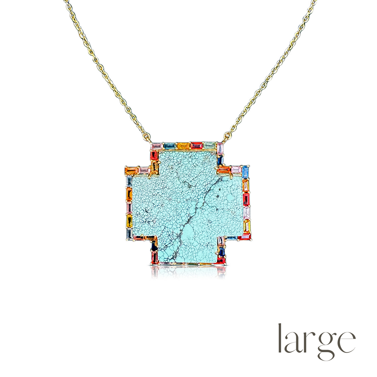14k Rainbow Sapphire Baguette Turquoise Cross Necklace