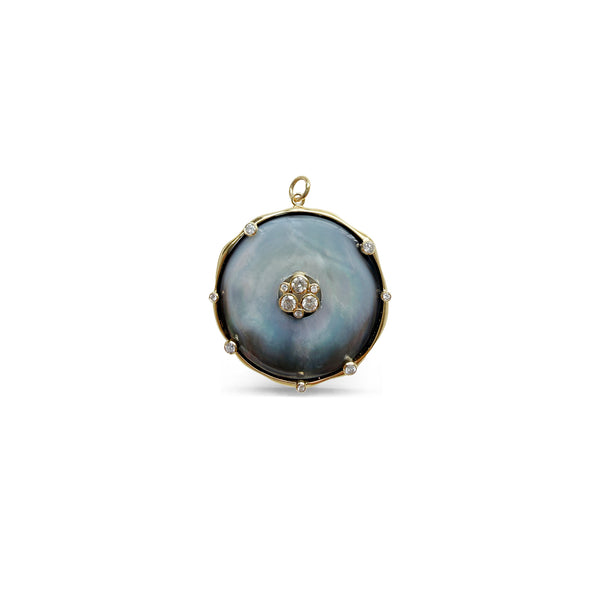 14k Large Blacklip MOP Coin Bezel Diamond Charm