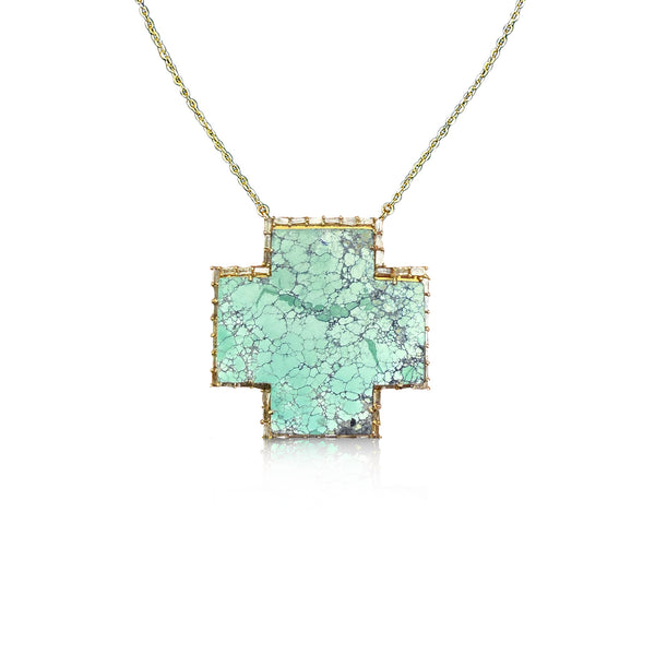 14k Large Turquoise Cross Baguette Necklace