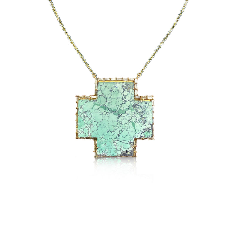 14k Large Turquoise Cross Baguette Necklace