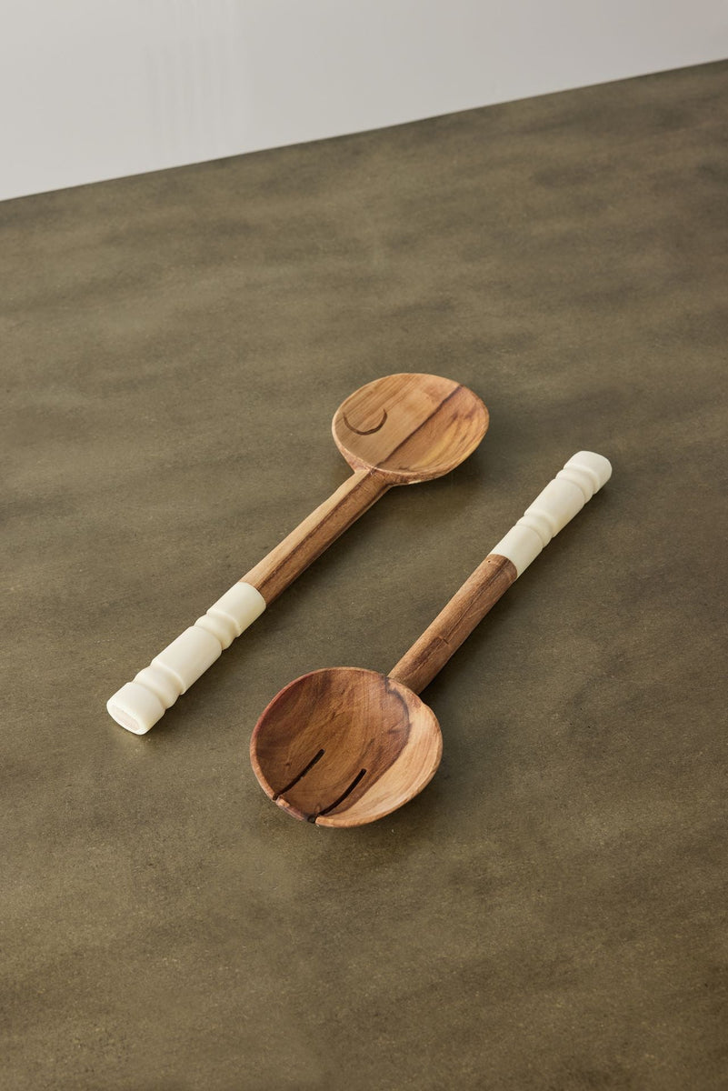 Olive Wood Salad Servers with Polished Bone Handles