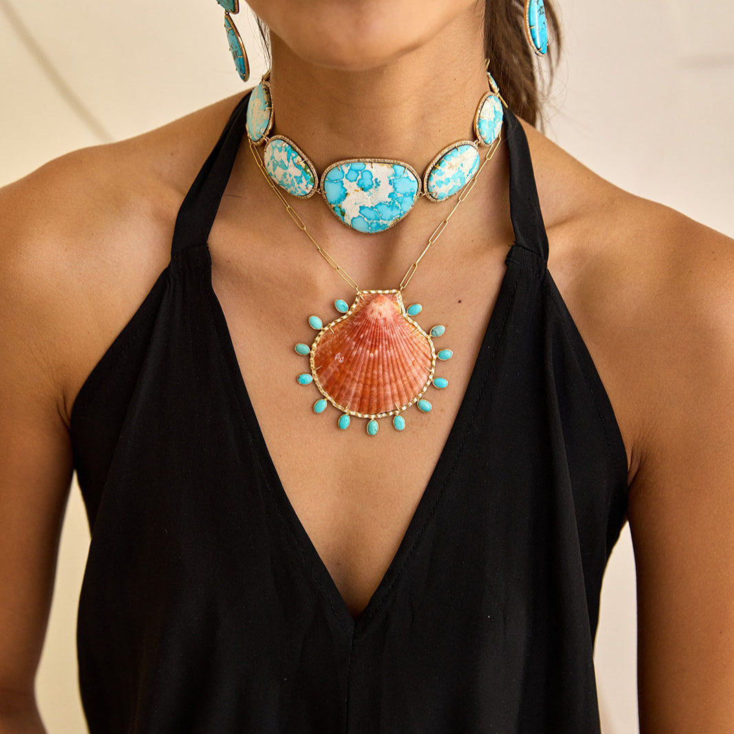 14k Orange Scallop and Turquoise Shell Pendant