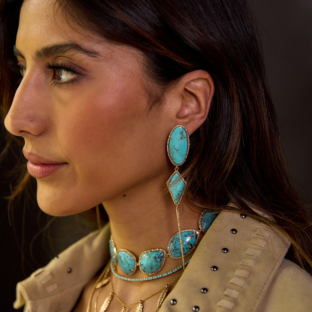 14k Turquoise Stone Double Drop Earrings with Spike