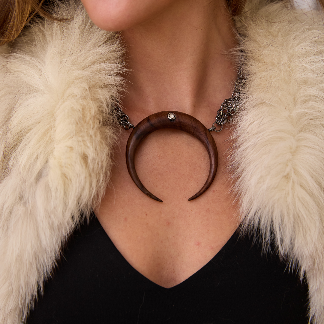 Wood Double Tusk & Coil Chain Necklace