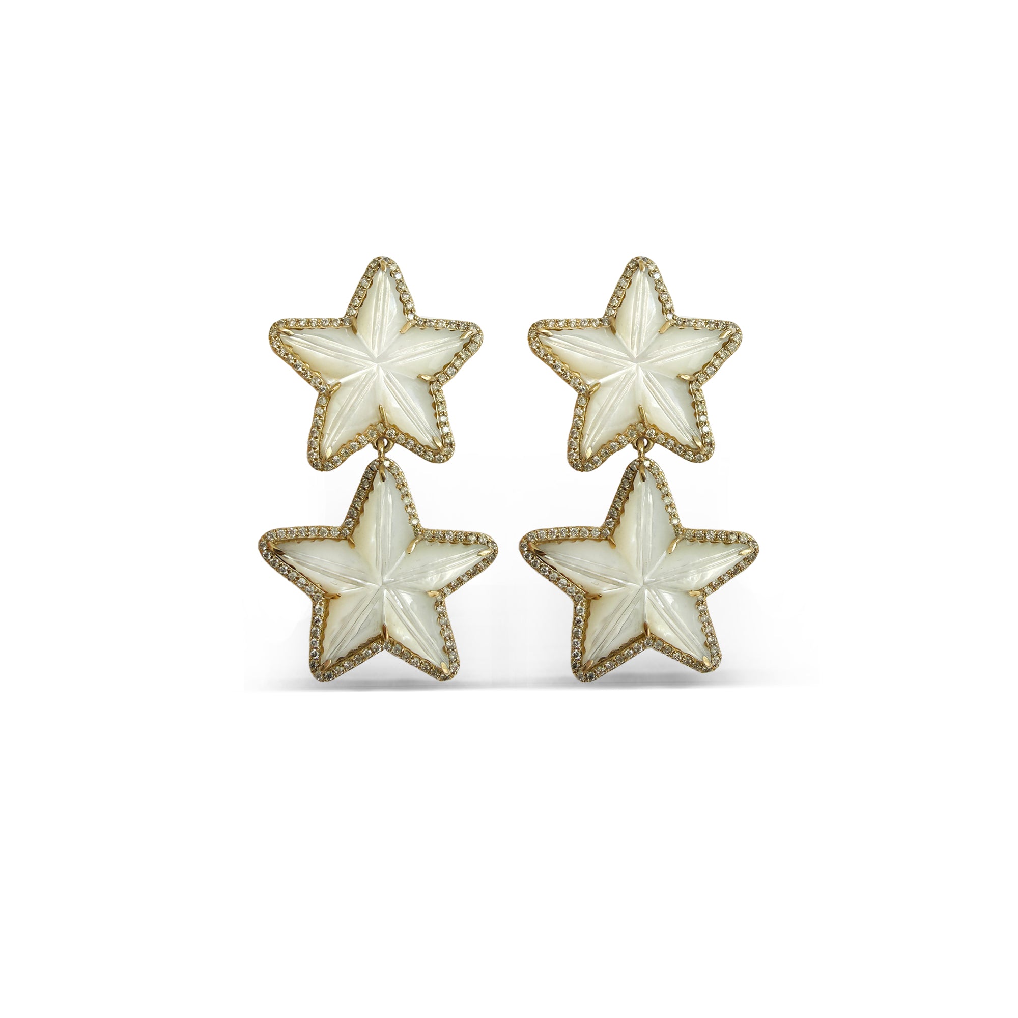 14k Mother of Pearl Carved Star Double Drop Earrings