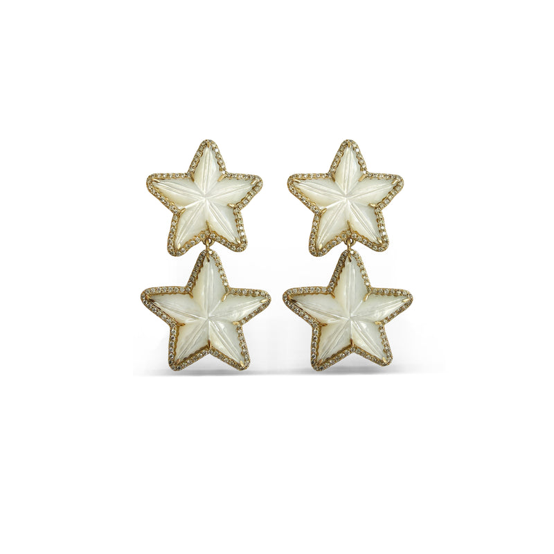 14k Mother of Pearl Carved Star Double Drop Earrings