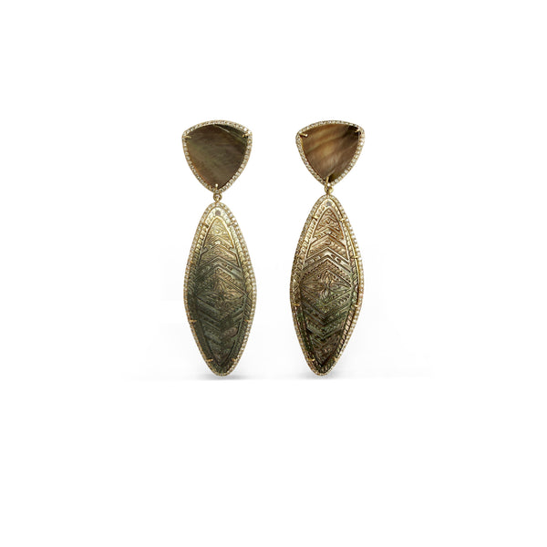 14k Carved Blacklip Mother of Pearl Double Drop Earrings