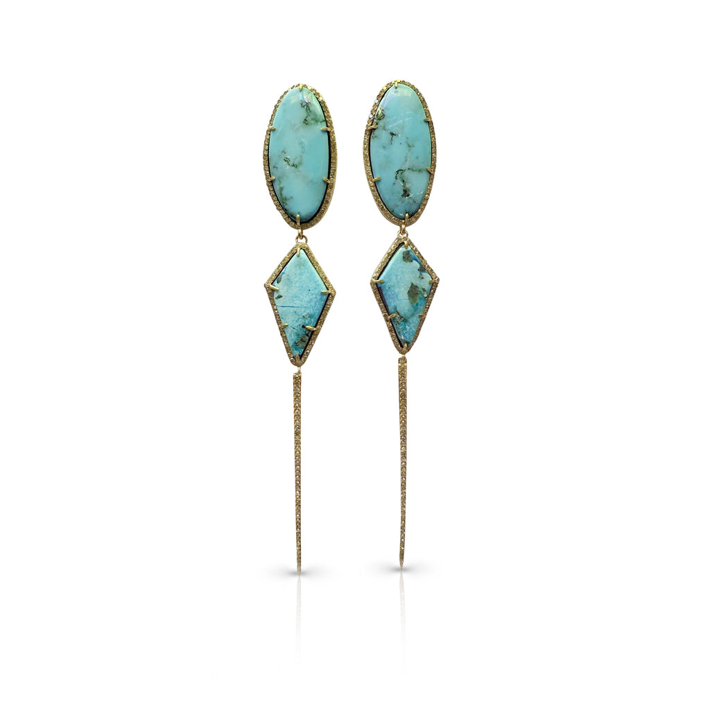 14k Turquoise Stone Double Drop Earrings with Spike