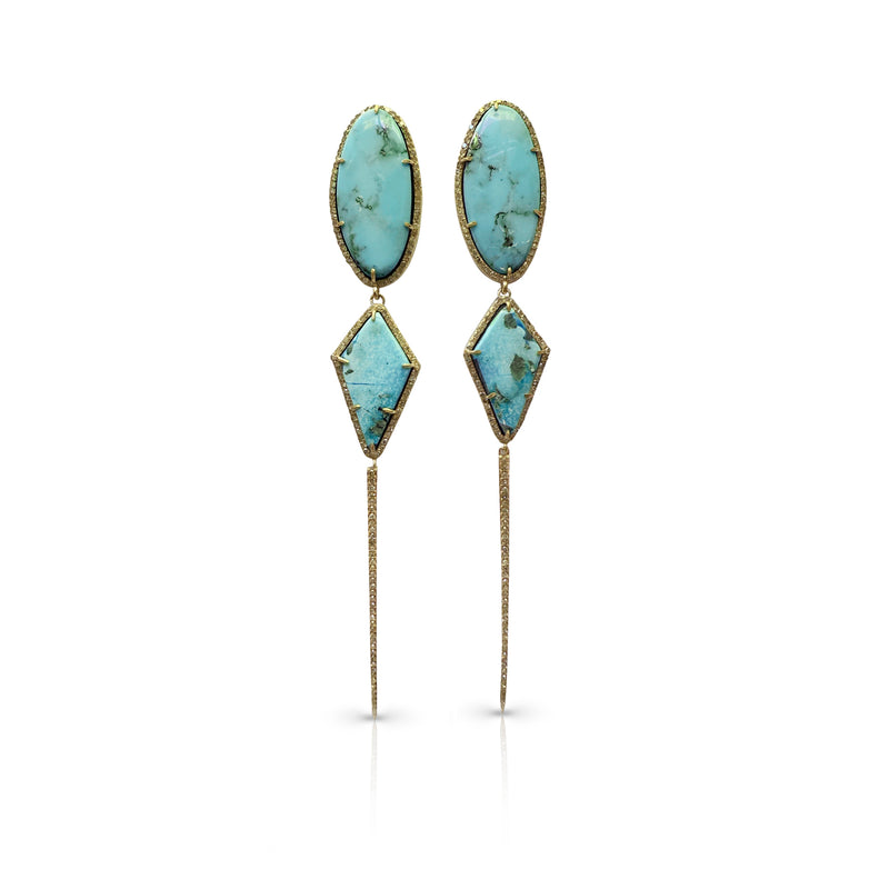 14k Turquoise Stone Double Drop Earrings with Spike