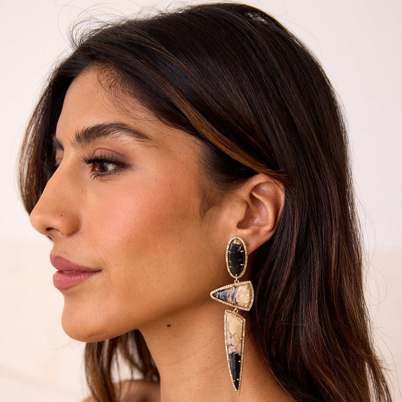 14k Petrified Palm Wood Triple Drop Earrings