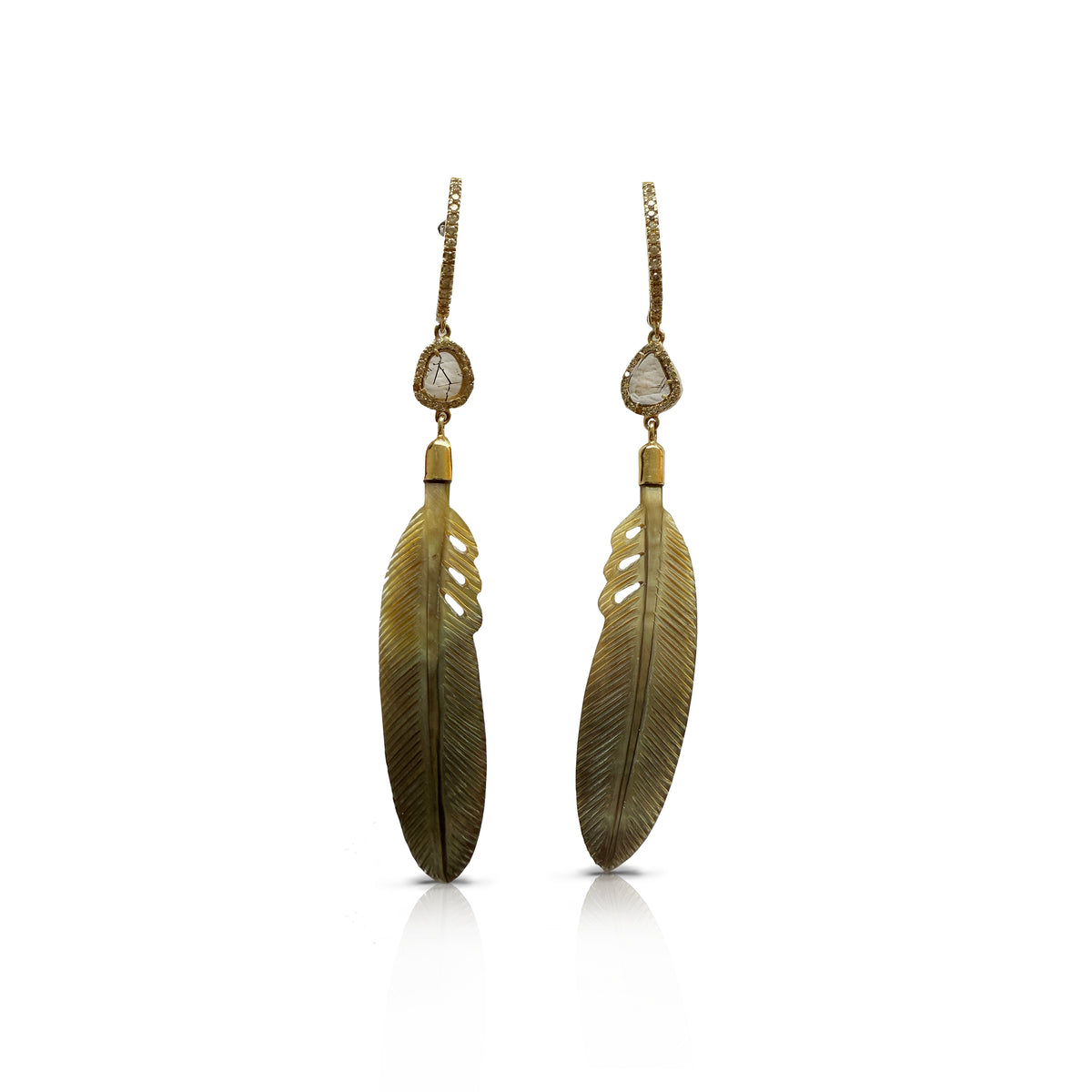 Sliced Diamond Mother of Pearl Feather Earrings