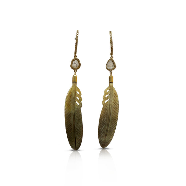 Sliced Diamond Mother of Pearl Feather Earrings